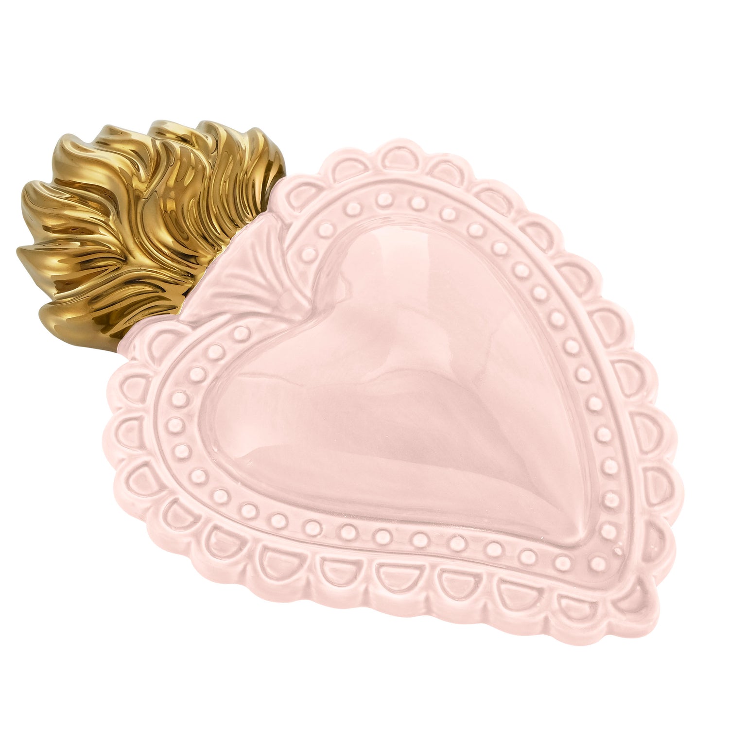 MONTEMAGGI Cuore Ex Voto Rosa Cipria Fiamme Oro 21x14cm Ceramica Decorazione Dipinta a Mano