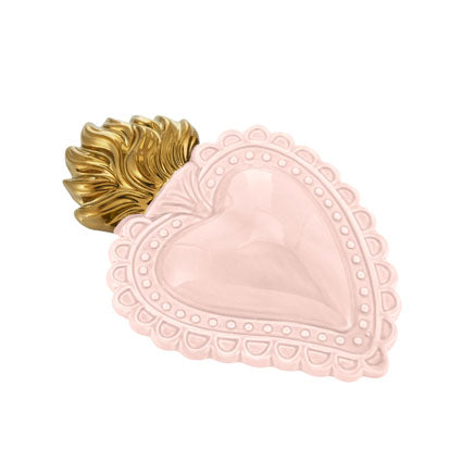 MONTEMAGGI Cuore Ex Voto Rosa Cipria Fiamme Oro 16x11cm Ceramica Decorazione Dipinta a Mano