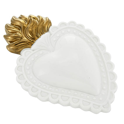 MONTEMAGGI Cuore Ex Voto Bianco Fiamme Oro 21x14cm Ceramica Decorazione Dipinta a Mano