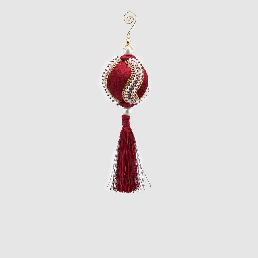 EDG Enzo De Gasperi Christmas Tree Bauble Sphere with Pearls 8cm Velvet with Bordeaux Tassel