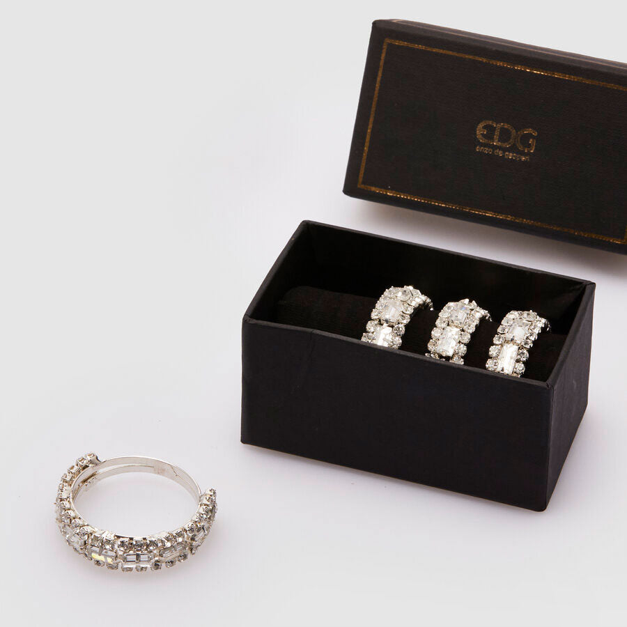 EDG Enzo De Gasperi Napkin Rings with Brilliant Gems Set 4 Pieces Silver 4cm