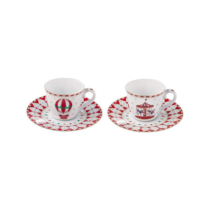 EASY LIFE Christmas Wonderland Set 2 Tazzine Caffe con Piattino 80ml Porcellana Tavola di Natale