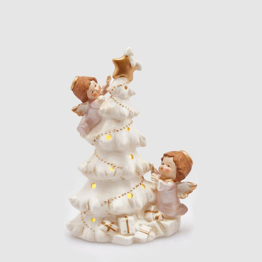 EDG Enzo De Gasperi Pine Lantern with Angels LED 21cm Ceramic Christmas Decoration