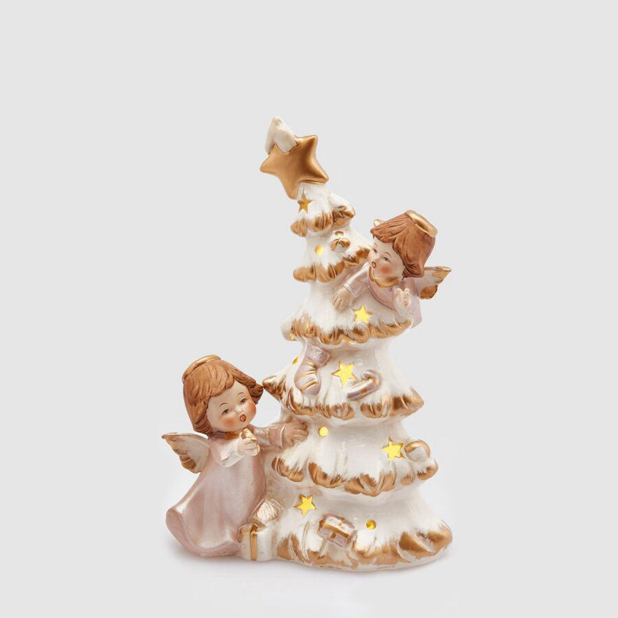 EDG Enzo De Gasperi Pine Lantern with Angels LED 21cm Ceramic Christmas Decoration