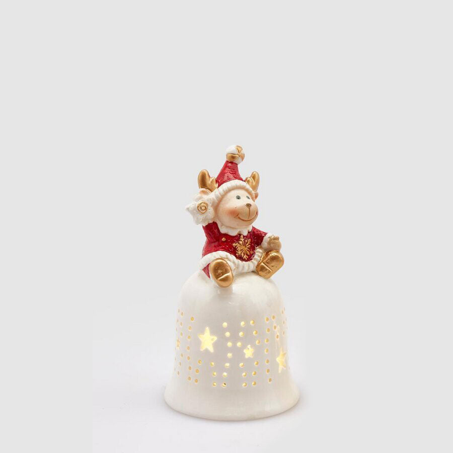 EDG Enzo De Gasperi Bell with Reindeer with LED 14cm Ceramic Christmas Decoration