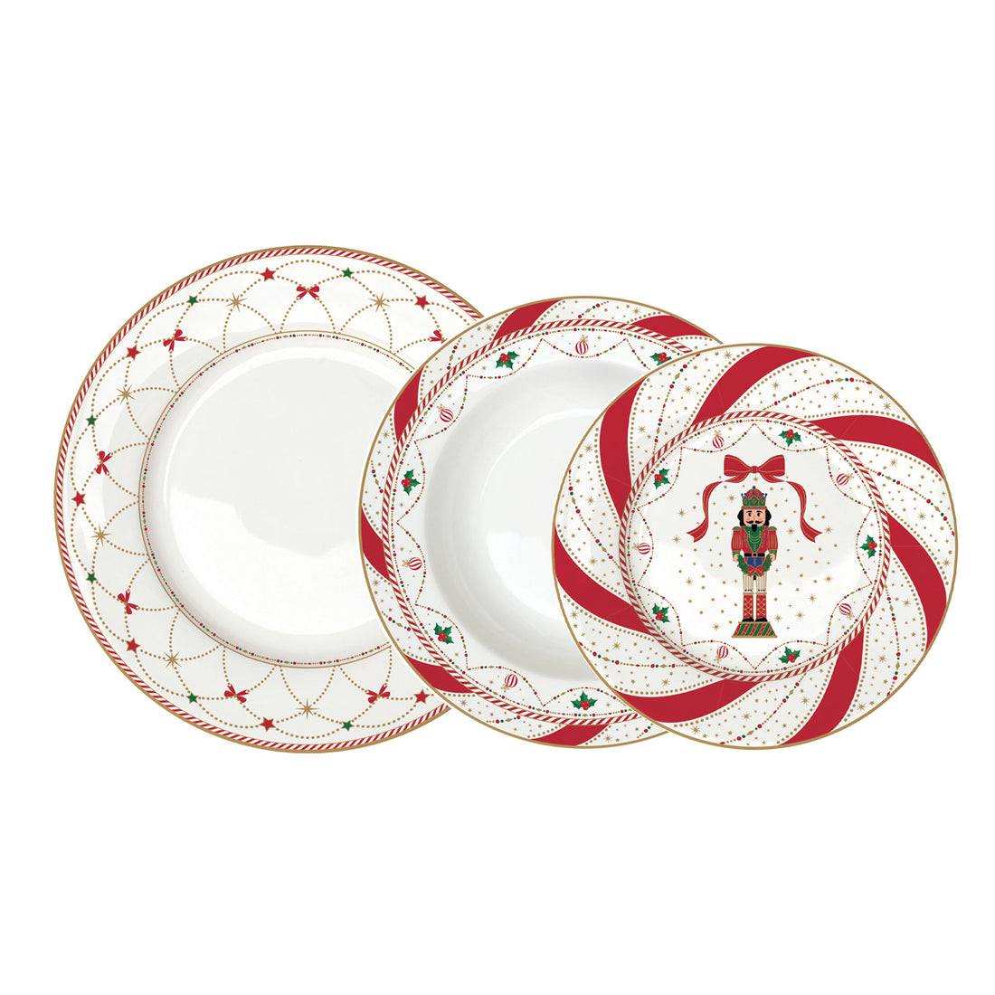 EASY LIFE Nutcracker Twist Nutcracker Table Service Plates Set 18 Pieces Porcelain Christmas Table