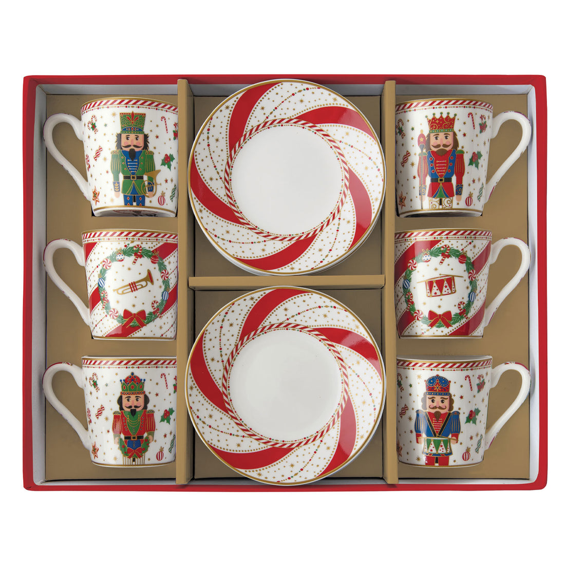 EASY LIFE Nutcracker Twist Set 6 Espresso Coffee Cups with Saucer 100ml Porcelain Christmas Table