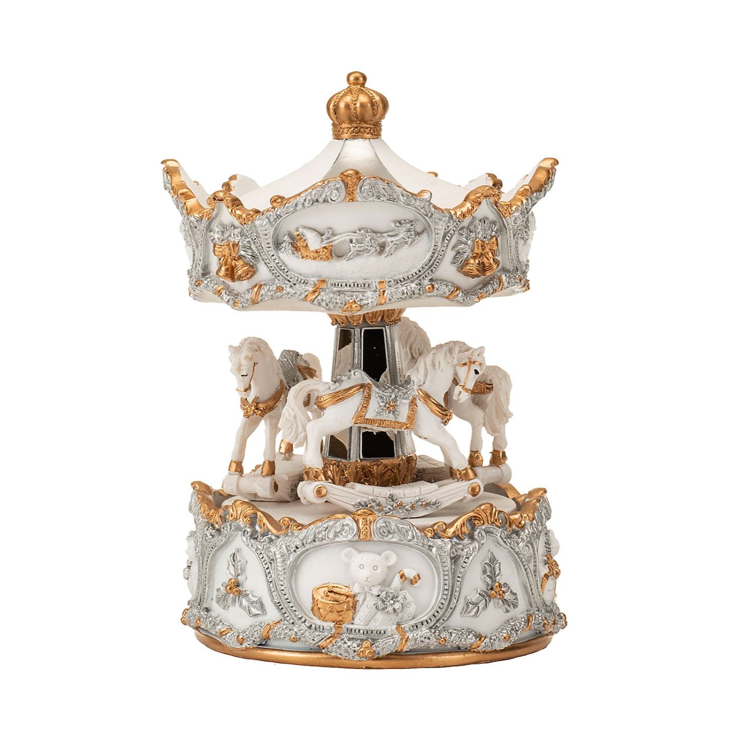 NOEL by Lamart Carousel Music Box with Movement and Music 16.5cm White Gold Polyresin