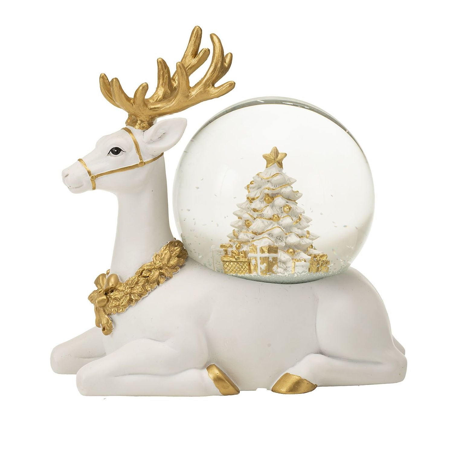 NOEL by Lamart Snow Globe Music Box with Music 18cm Reindeer White Gold Polyresin