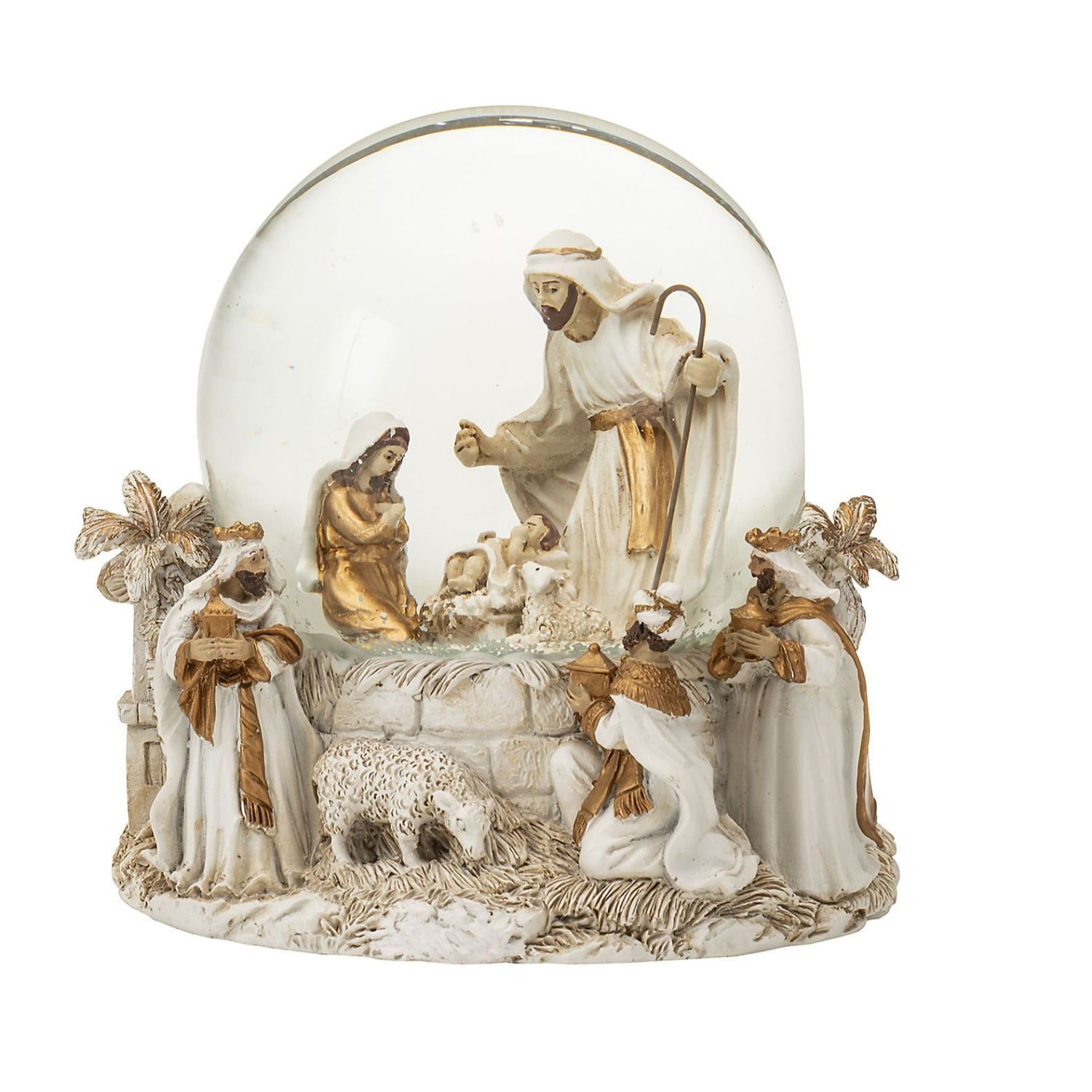 NOEL by Lamart Snow Globe Music Box with Music 16cm Nativity White Gold Polyresin