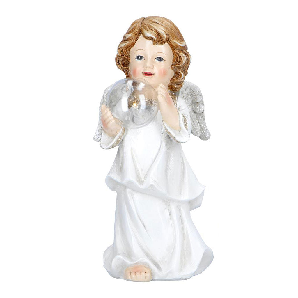 TIMSTOR - Putto Angel with Sphere with LED Christmas Decoration 25.5cm Resin White