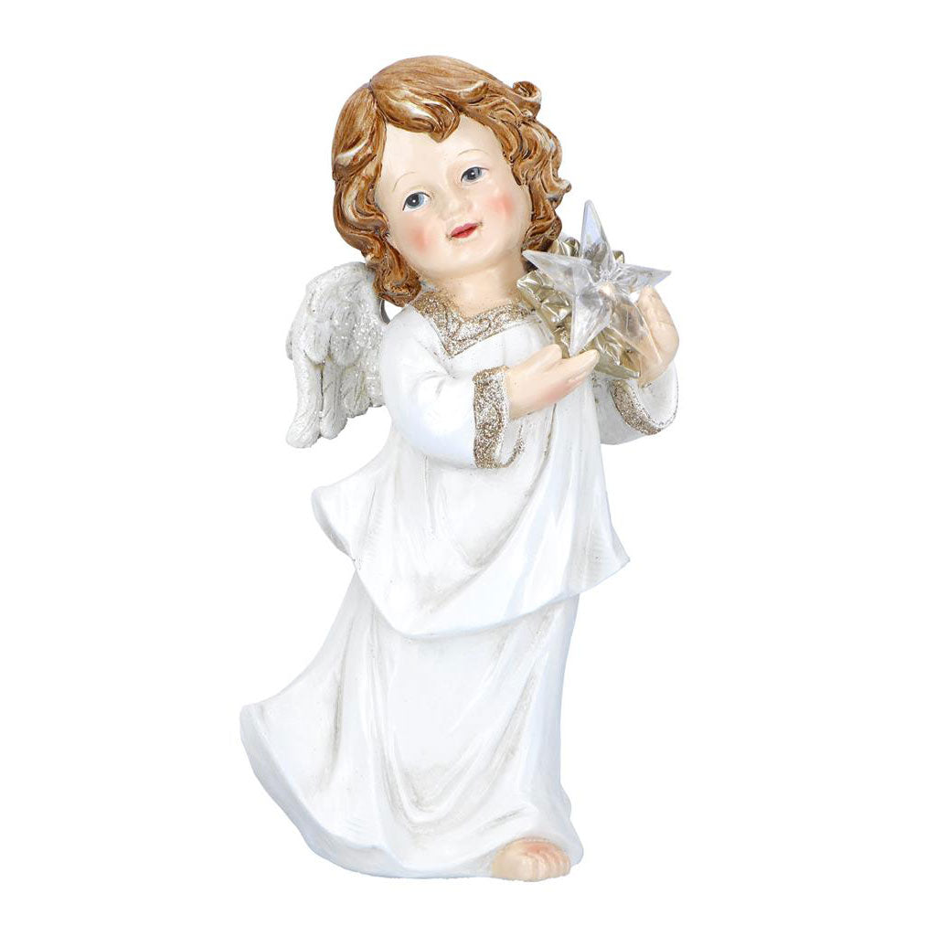 TIMSTOR - Putto Angel with Star with LED Christmas Decoration 25.5cm White Resin