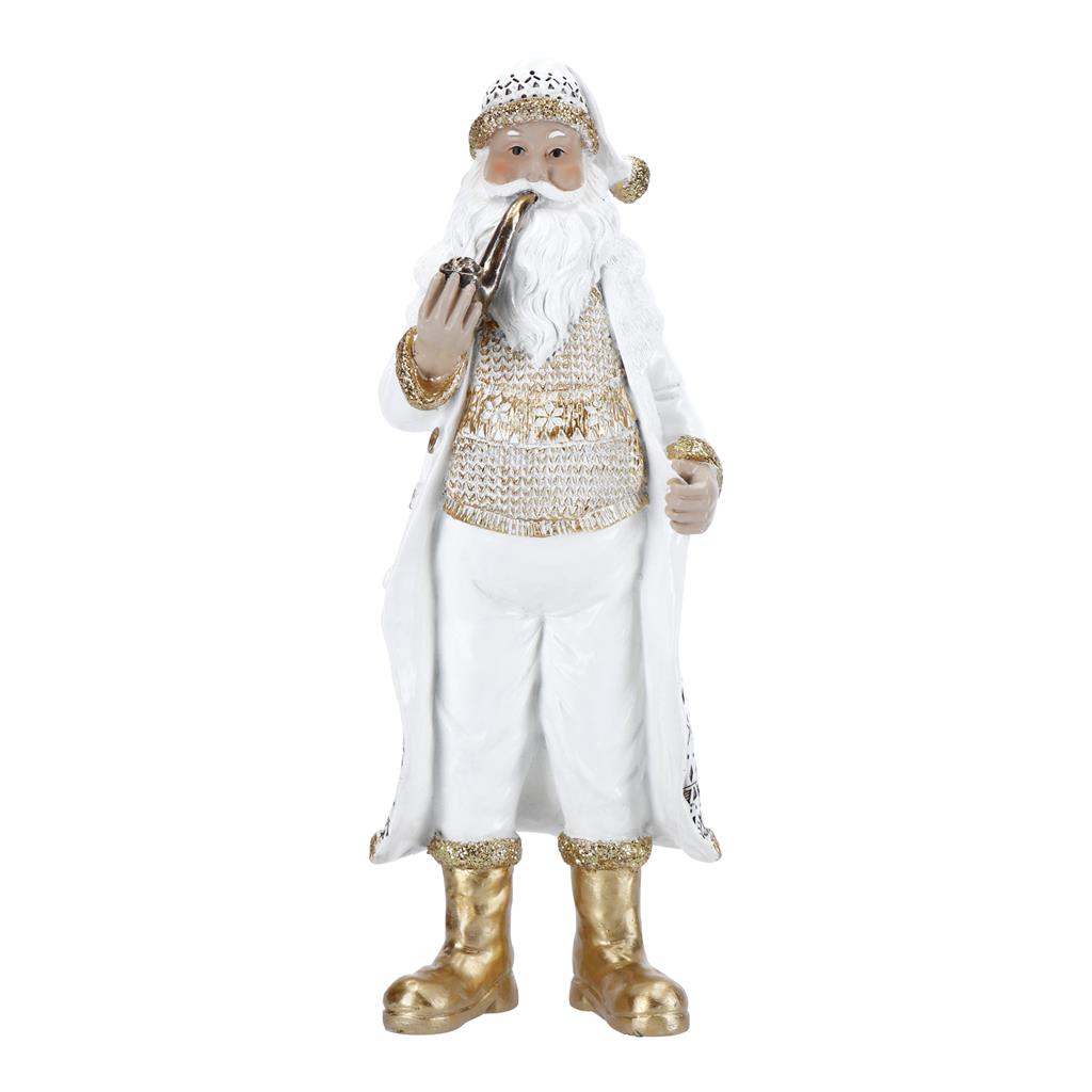 TIMSTOR Santa Claus with Pipe Christmas Decoration 30cm White Gold Polyresin