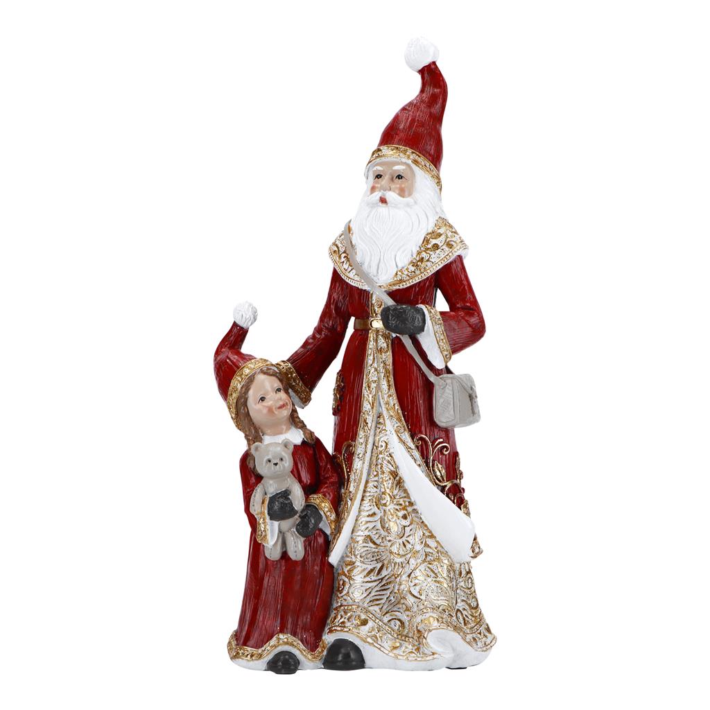 TIMSTOR Santa Claus with Child Christmas Decoration 31.5cm Red Gold Polyresin