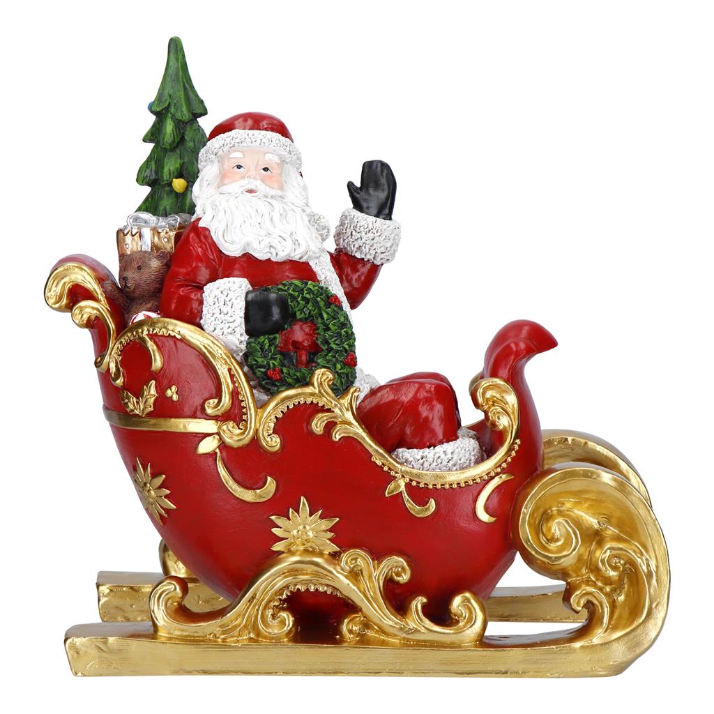 TIMSTOR Santa Claus on Sleigh Christmas Decoration 32cm Red Gold Polyresin