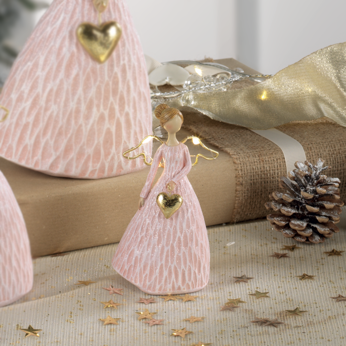 MASCAGNI CASA Christmas Angel with LED Christmas Decoration 12cm Pink Resin