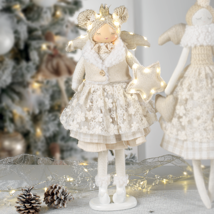 MASCAGNI CASA Fabric Christmas Angel with LED 40cm White Beige