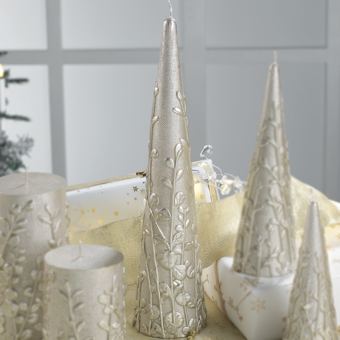 MASCAGNI CASA Decorated Cone Candle 30cm Decorations in Silver Relief