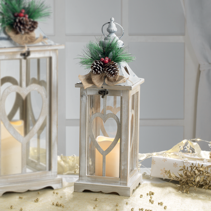 MASCAGNI CASA Shabby Chic Christmas Lantern with LED Light 45.5cm Wood and Metal