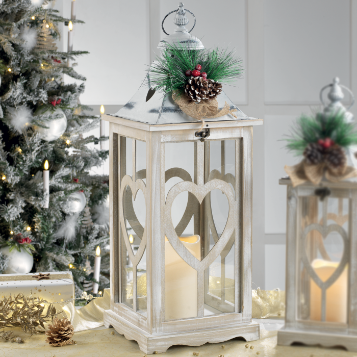 MASCAGNI CASA Shabby Chic Christmas Lantern with LED Light 58cm Wood and Metal