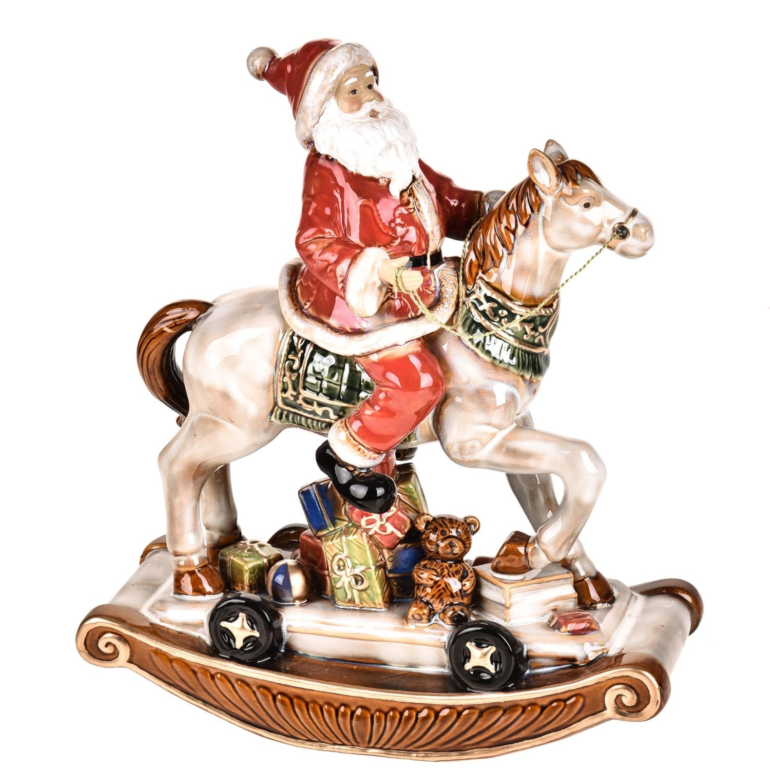 BIANCHI DINO Santa Claus on Rocking Horse Christmas Decoration 36cm Porcelain