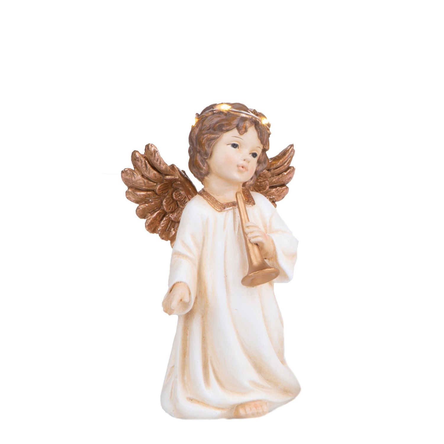 BIANCHI DINO Christmas Cherub Angel with Trumpet in Resin 20.5cm Cream Gold