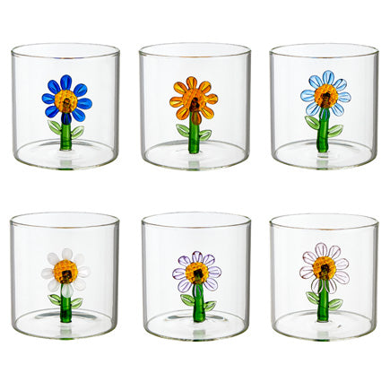 MONTEMAGGI Set 6 Pezzi Tumbler Bicchieri con Fiori 8x8cm Vetro Borosilicato